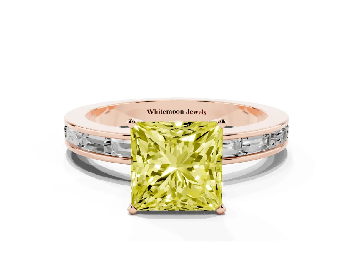 Fancy Yellow Princess Cut Solitaire Diamond Ring with Channel-Set Baguette Band and Four-Prong Setting Rose gold