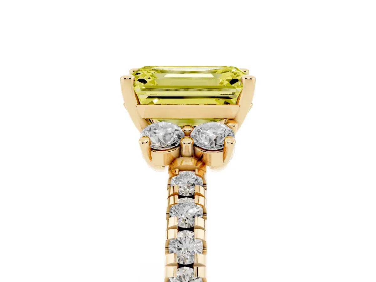 Fancy Yellow Emerald Cut Diamond Three-Stone Pave Band with Four-Prong Setting Yellow gold