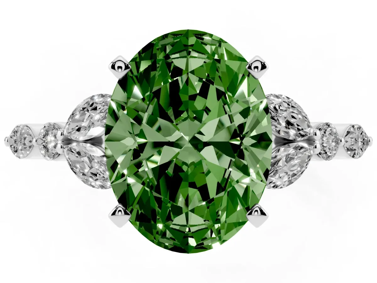 Fancy Green Oval Cut Diamond Solitaire Ring with Side Stones and Four-Prong Setting Silver
