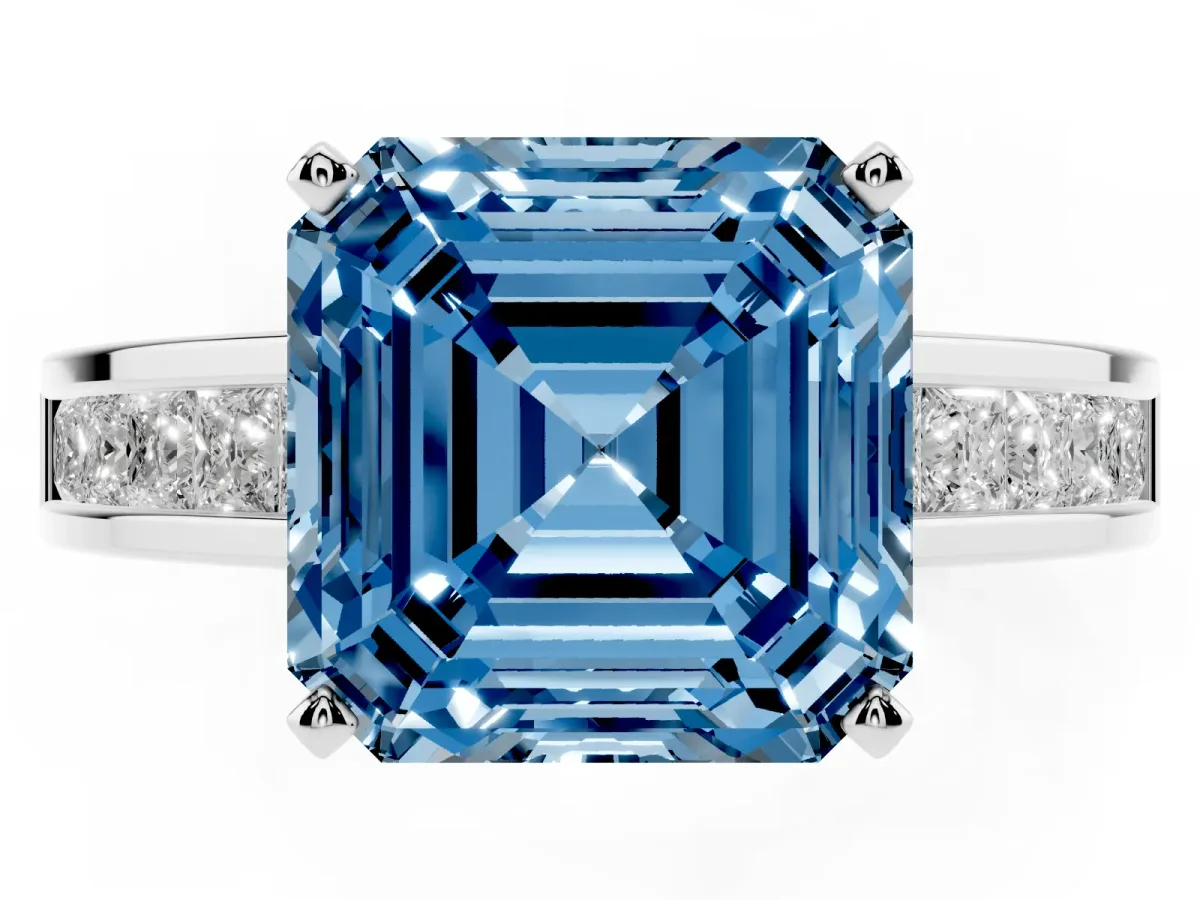 Fancy Blue Asscher Cut Solitaire Diamond Ring with Channel-Set Band and Four-Prong Setting Silver