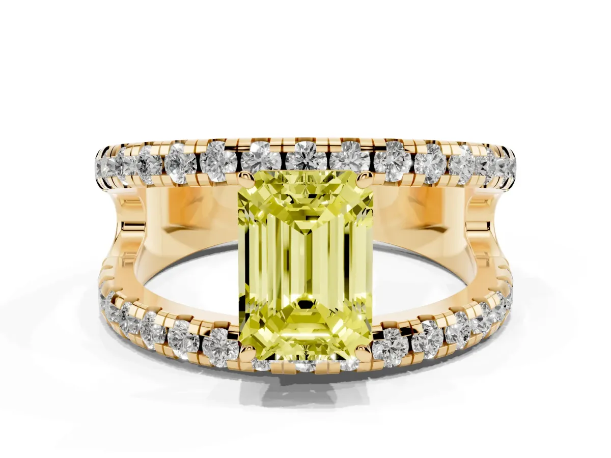 Fancy Yellow Emerald Cut Solitaire Split Shank Pave Diamond Ring Yellow gold