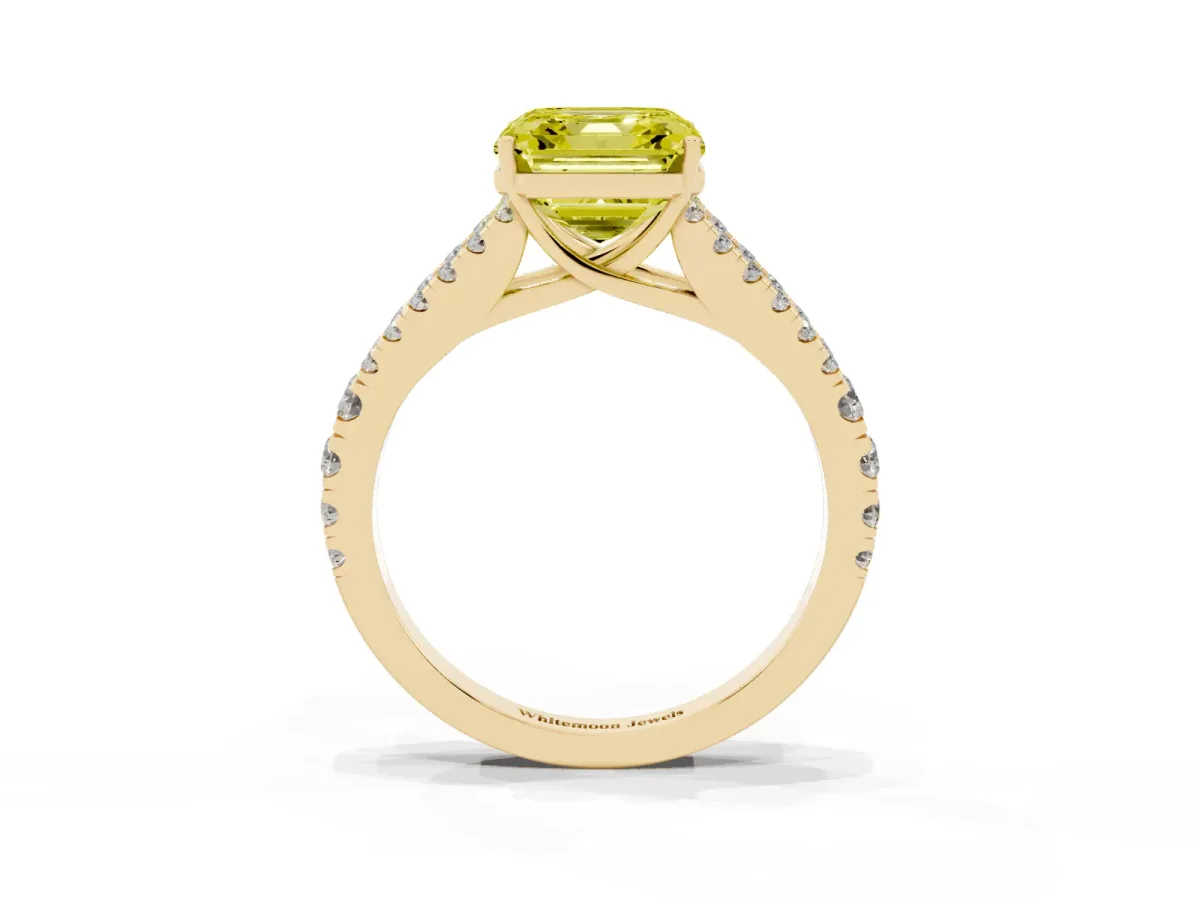 Fancy Yellow Asscher Cut Diamond Split Shank Engagement Ring with Round Pavé and Prong Setting Yellow gold