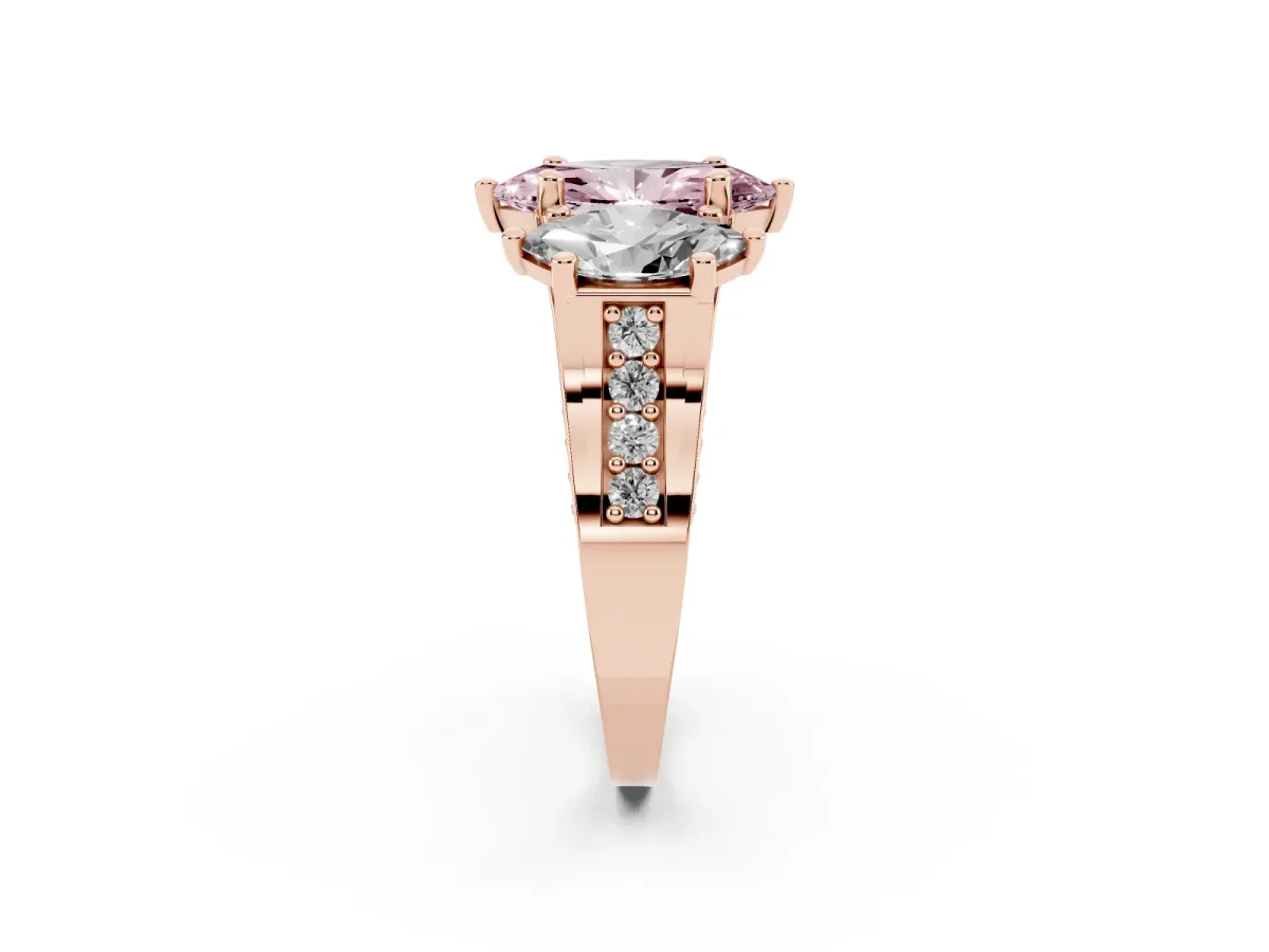 Fancy Pink Marquise Cut Diamond Three-Stone Ring with Channel Set Band and Four-Prong Setting Rose gold