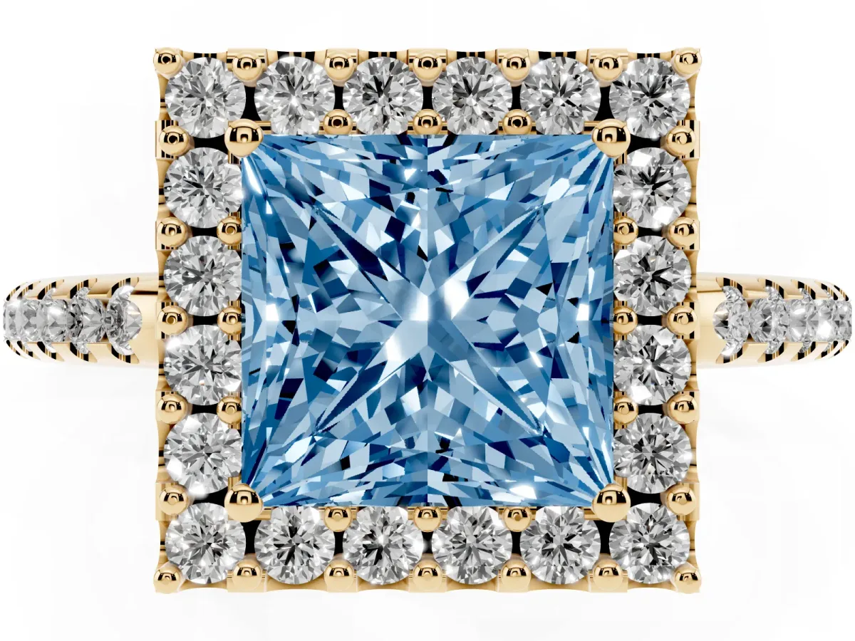 Fancy Blue Princess Cut Diamond Pavé Halo Ring with Four-Prong Setting Yellow gold