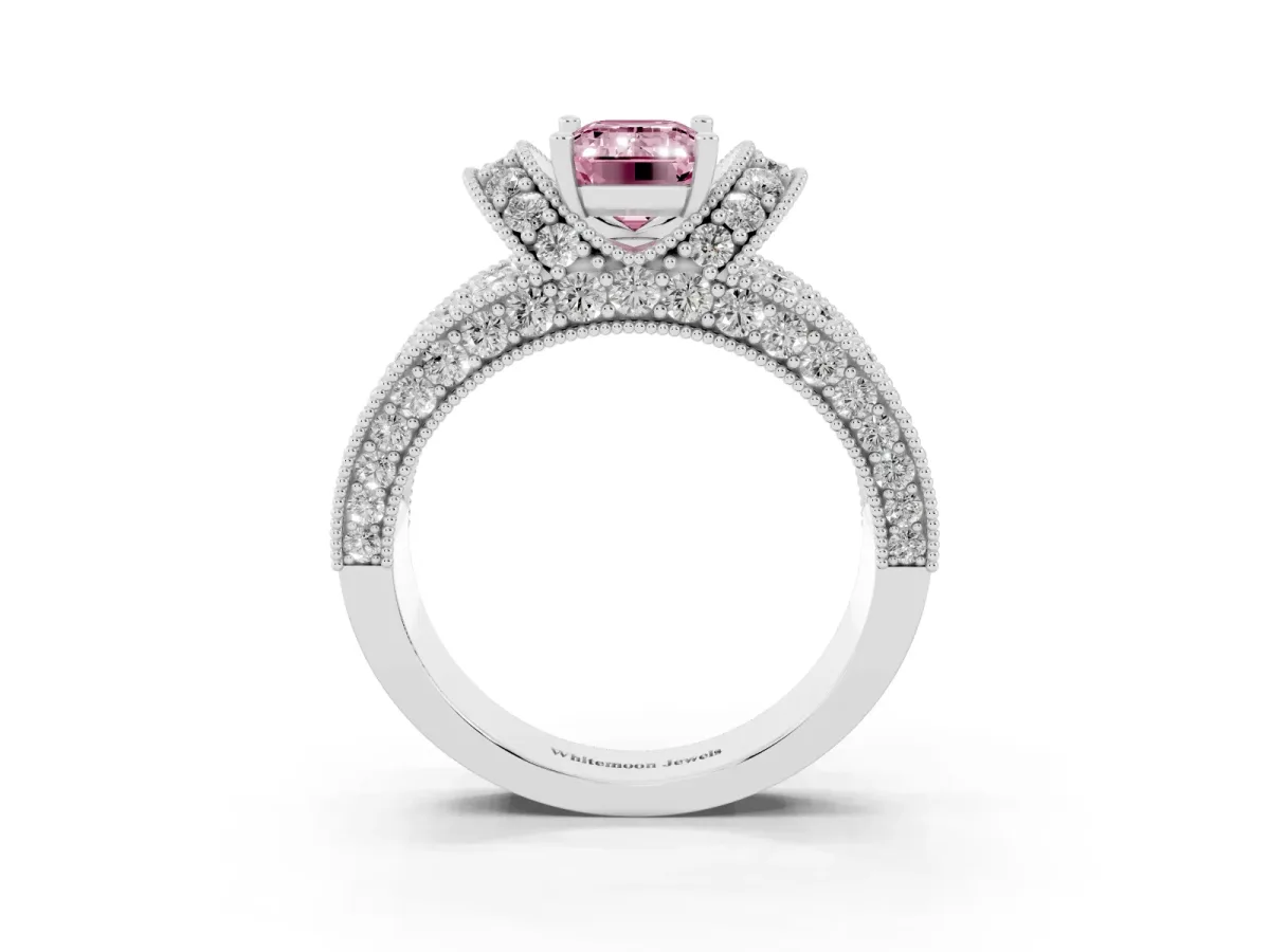 Fancy Pink Emerald Cut Halo Pave Diamond Engagement Ring with Milgrain Detailing Silver