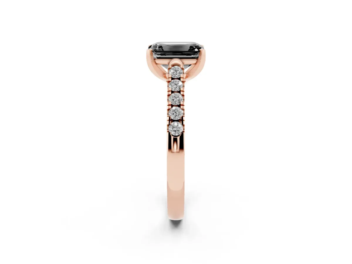 Fancy Black Emerald Cut Diamond Pavé Band Solitaire Ring with Prong Setting Rose gold
