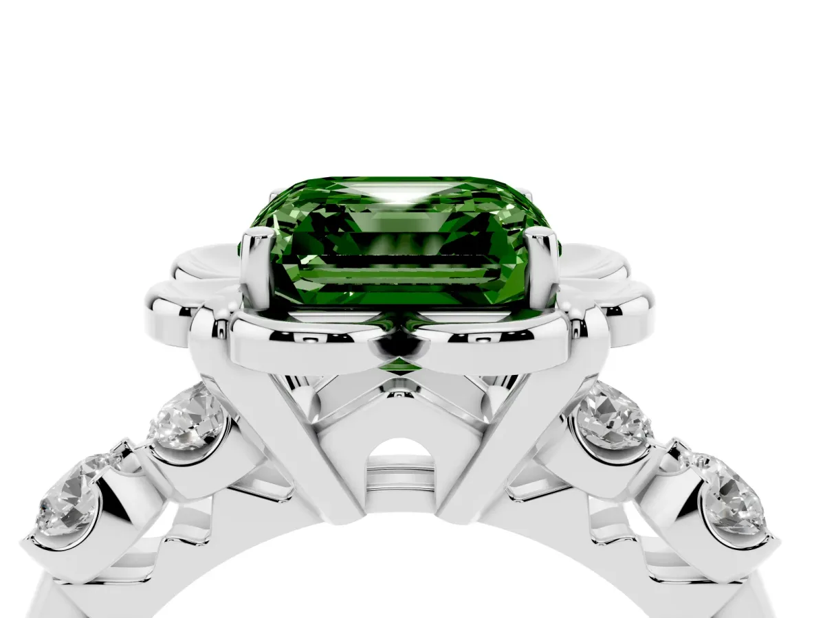 Fancy Green Asscher Cut Cut Diamond Floral Halo Engagement Ring with Shared Prong Setting Silver