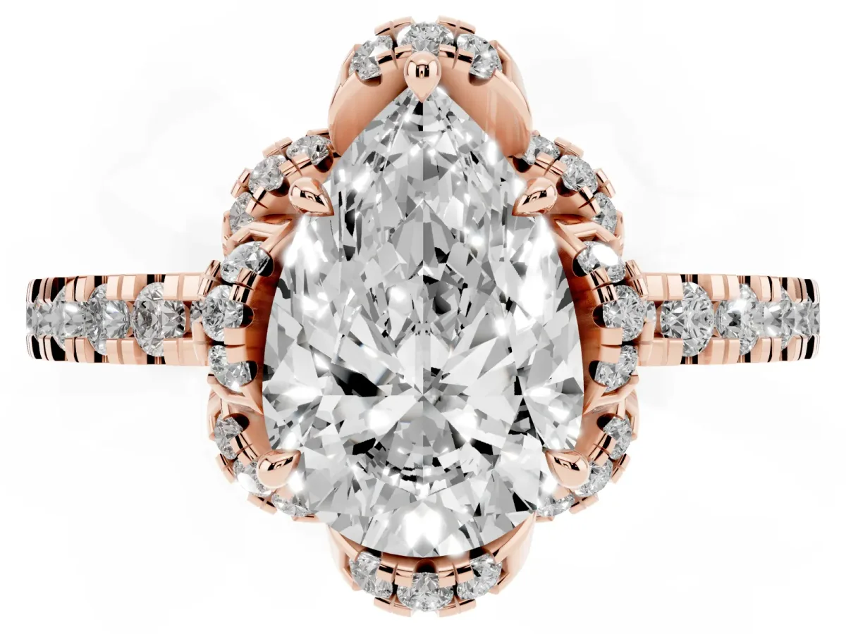 Pear Cut Halo Diamond Pave Band Ring with Four-Prong Setting Rose gold
