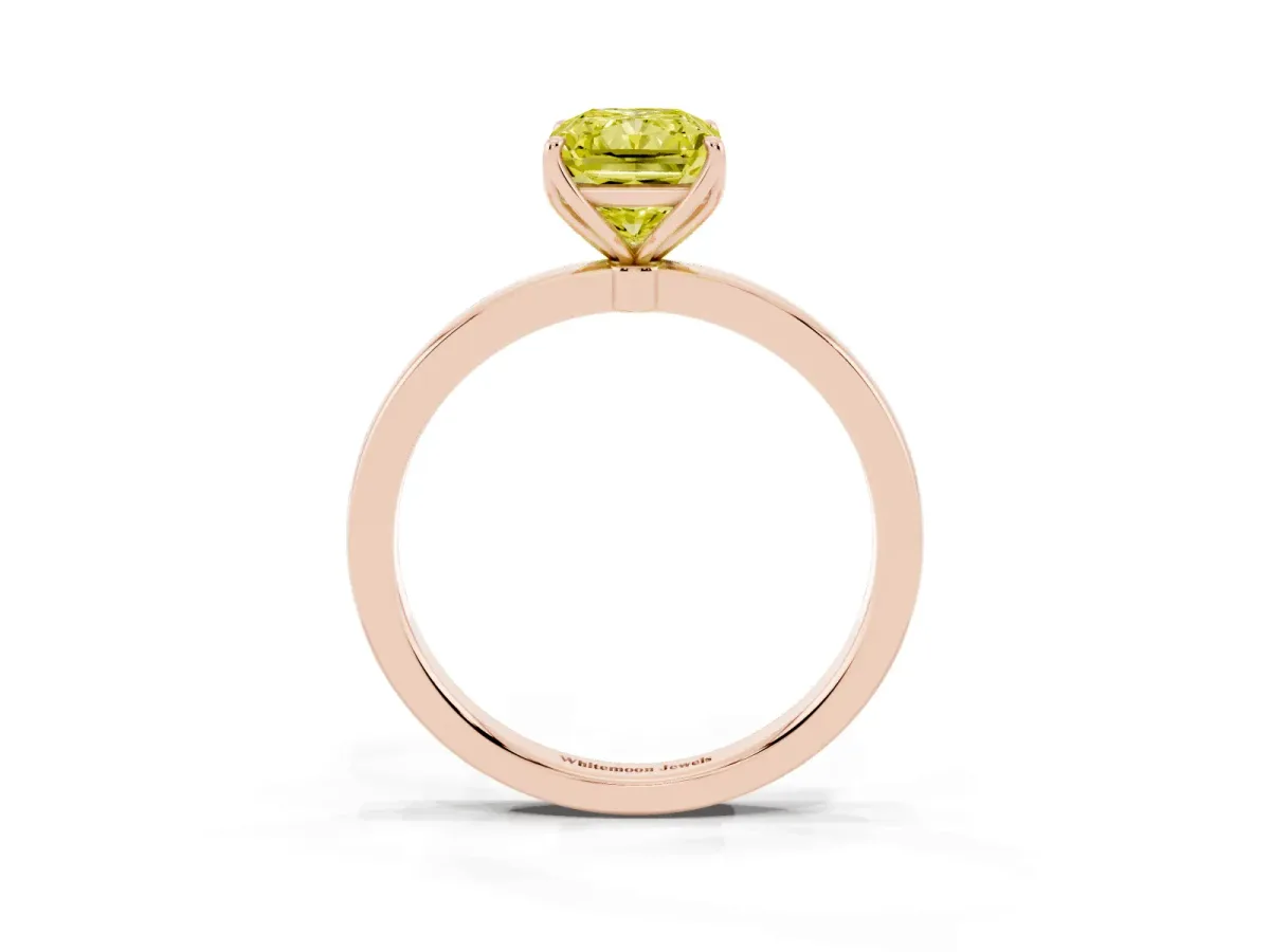 Fancy Yellow Radiant Cut Diamond Solitaire Ring with Thin Band and Prong Setting Rose gold
