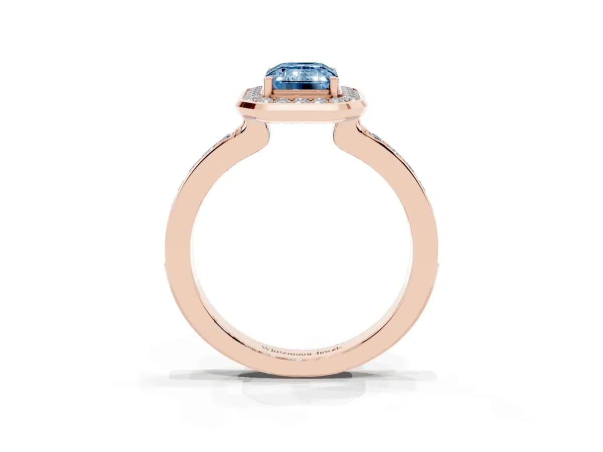 Fancy Blue Emerald Cut Diamond Halo Ring with Bezel Frame and Pavé Band Rose gold
