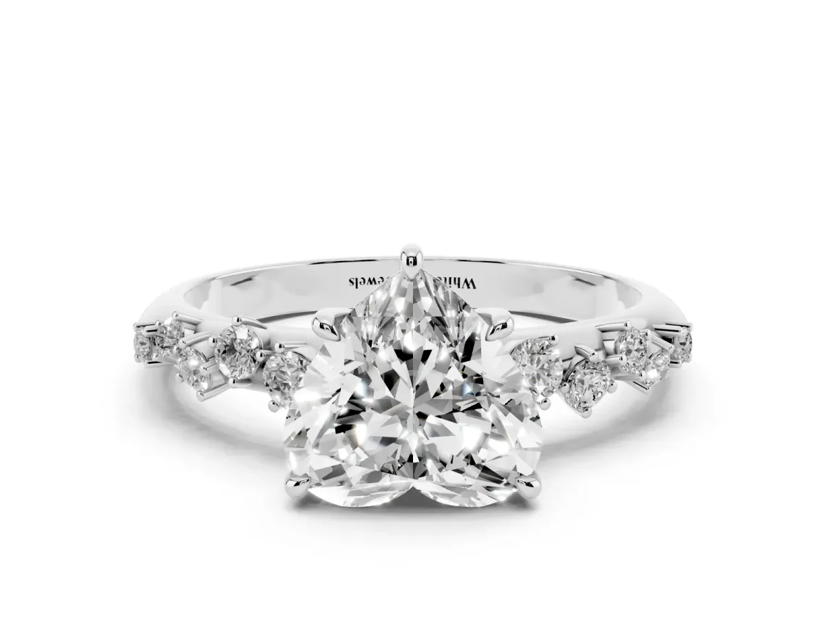 Heart Cut Diamond Cluster Side Stone Solitaire Ring with Prong Setting Silver
