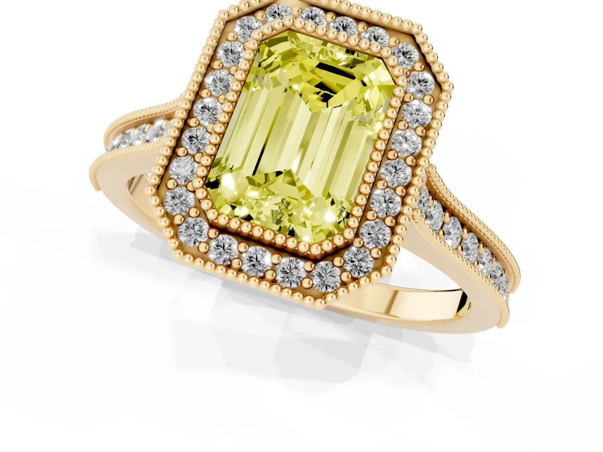 Fancy Yellow Halo Emerald Cut-Cut Diamond Pave Band Milgrain Prong Setting Ring Yellow gold