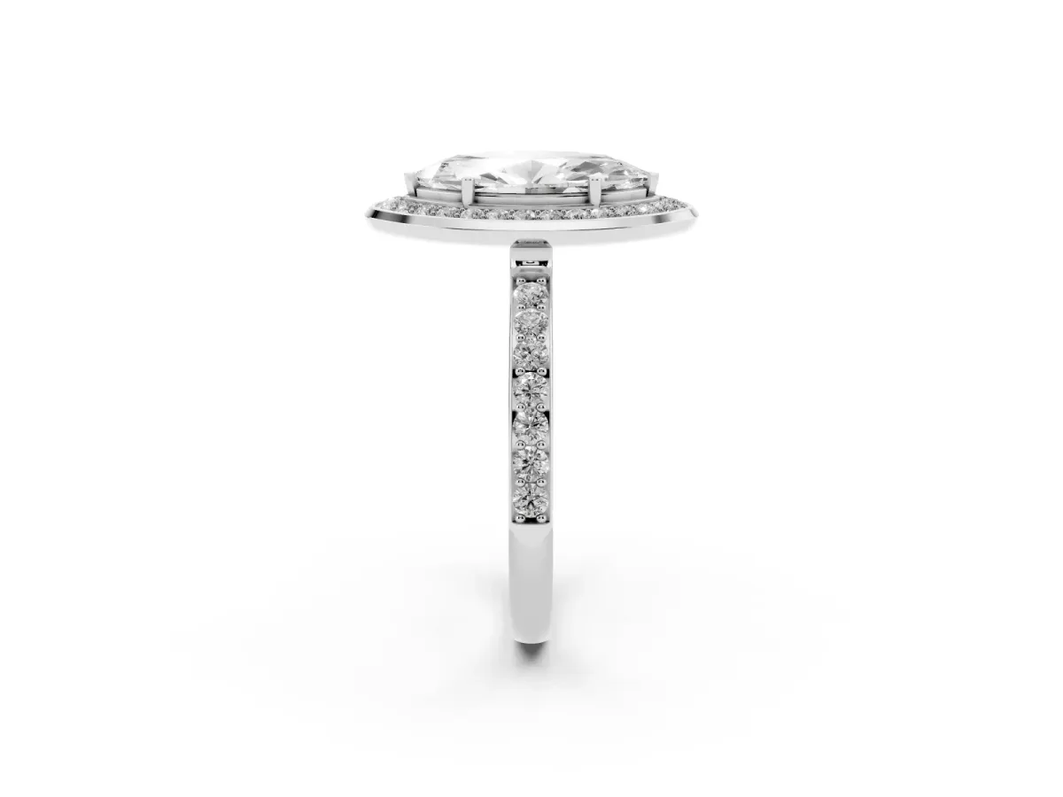 Marquise Cut Diamond Halo Ring with Bezel Frame and Pavé Band Silver