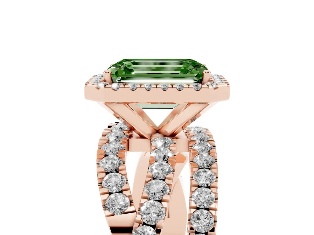 Fancy Green Emerald Cut Diamond Halo Ring with Round Split Shank and Prong Setting Rose gold