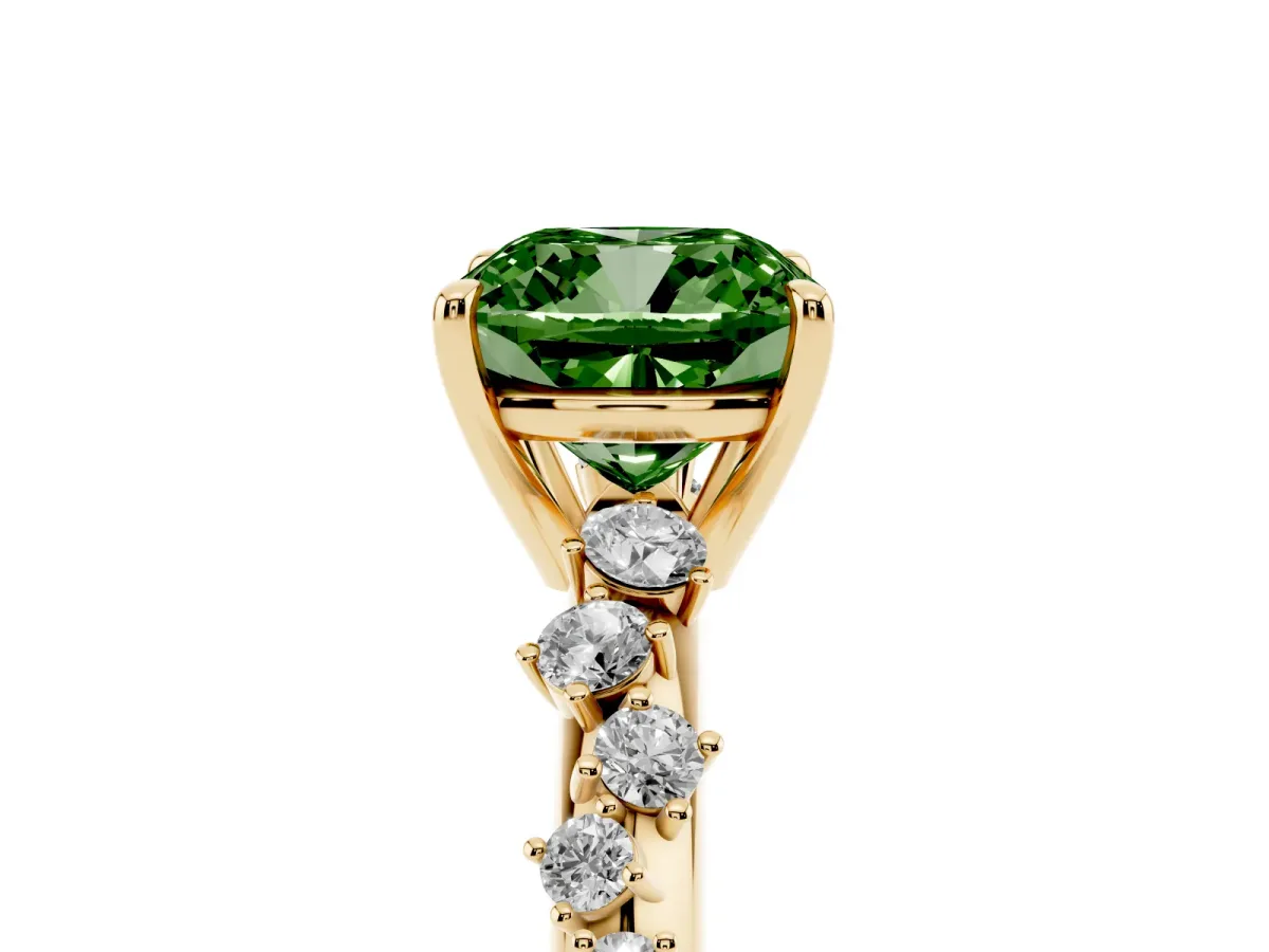 Fancy Green Cushion Cut Diamond Cluster Side Stone Solitaire Ring with Prong Setting Yellow gold