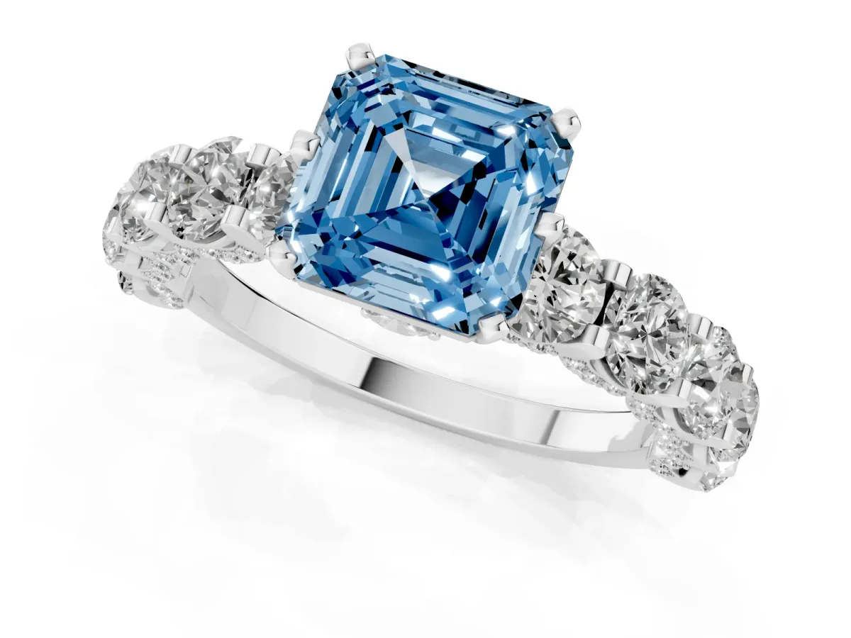 Fancy Blue Asscher Cut Diamond Side Stone Engagement Ring with Four-Prong Setting White gold