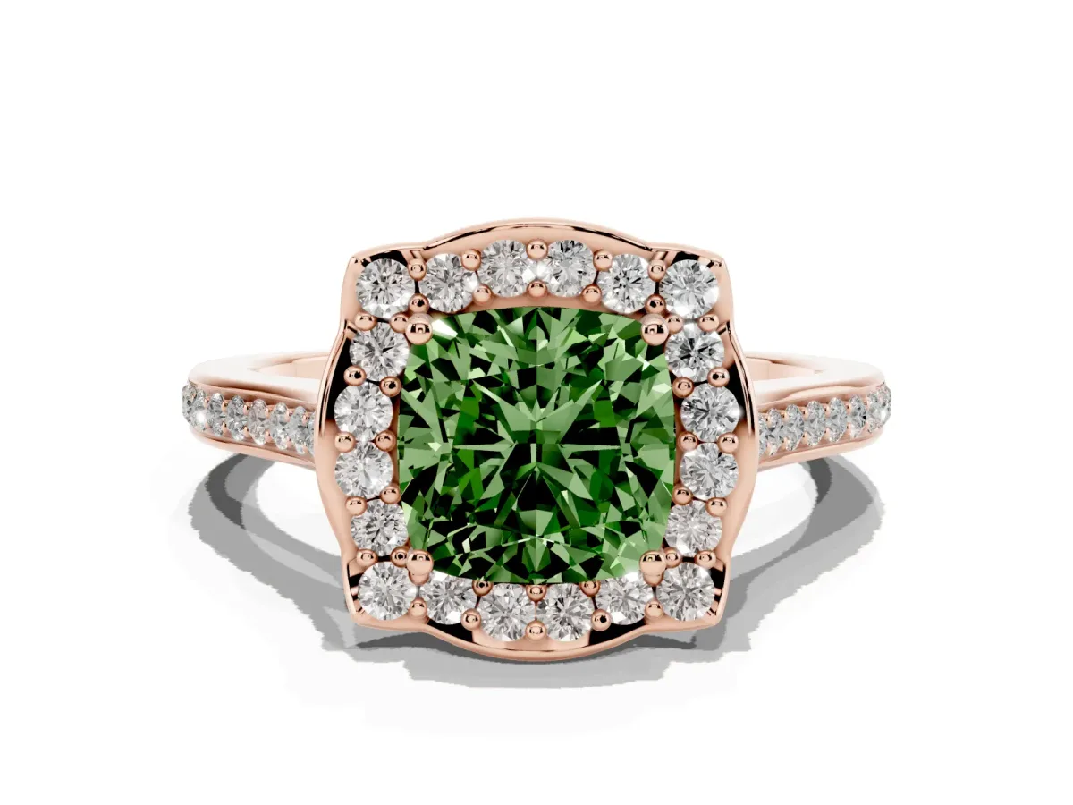 Fancy Green Cushion Cut Halo Round Diamond Pave Band with Four-Prong Setting Rose gold