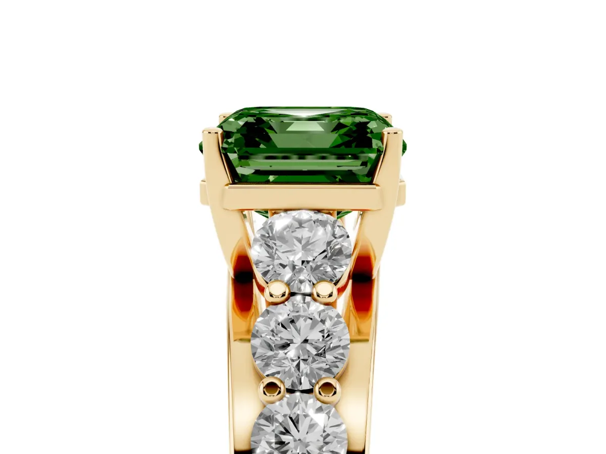 Fancy Green Asscher Cut Diamond Engagement Ring with Pavé Band and Four-Prong Setting Yellow gold