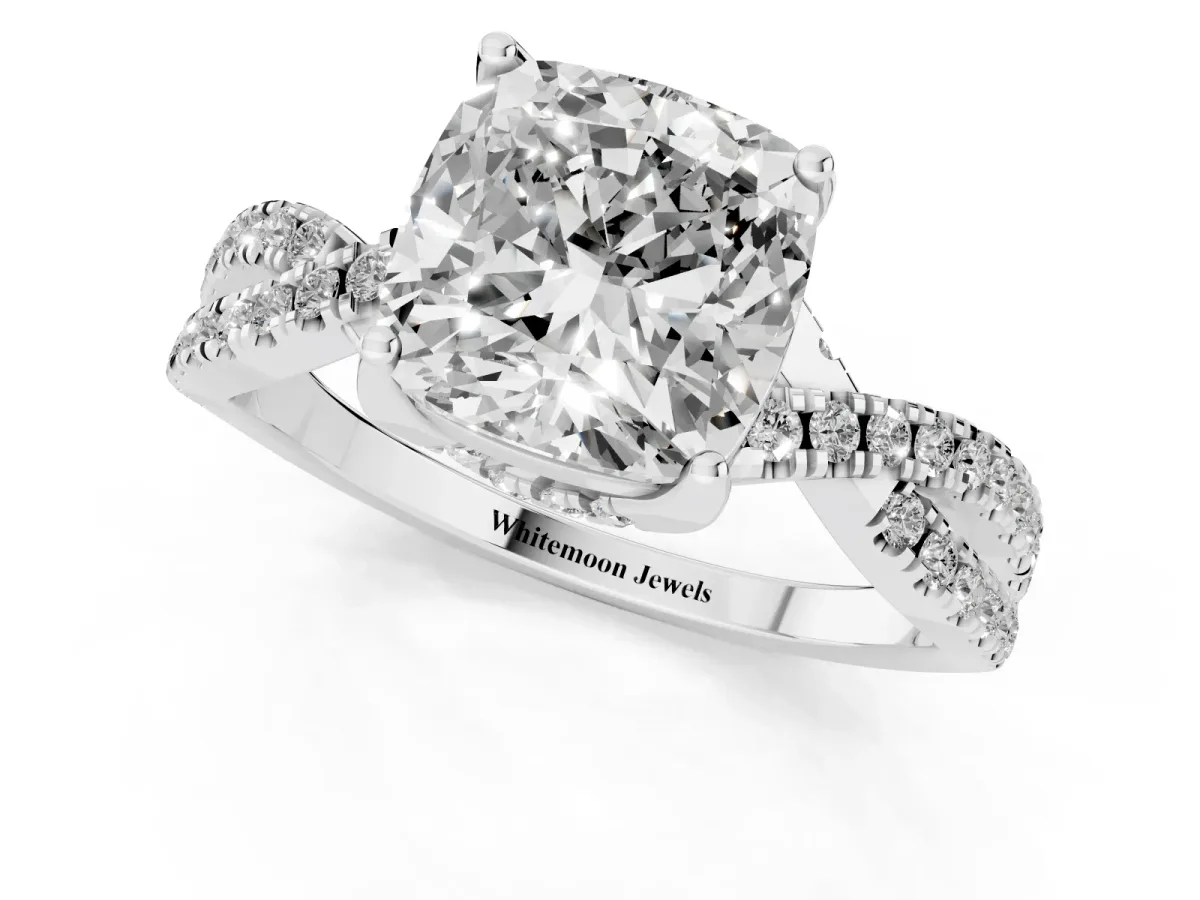 Cushion Cut Solitaire Twist Pave Diamond Engagement Ring with Prong Setting Silver