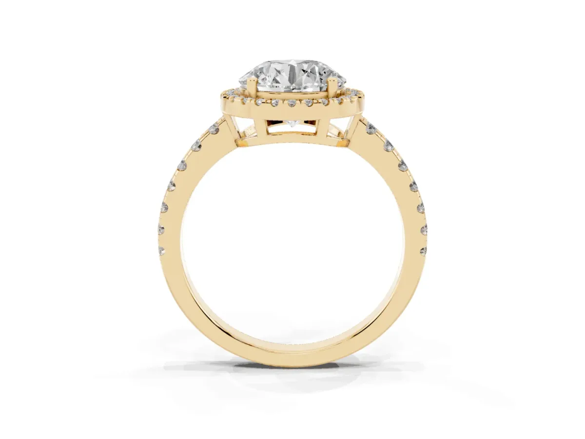 Round Cut Diamond Halo Ring with Pavé Band and Four-Prong Setting Yellow gold