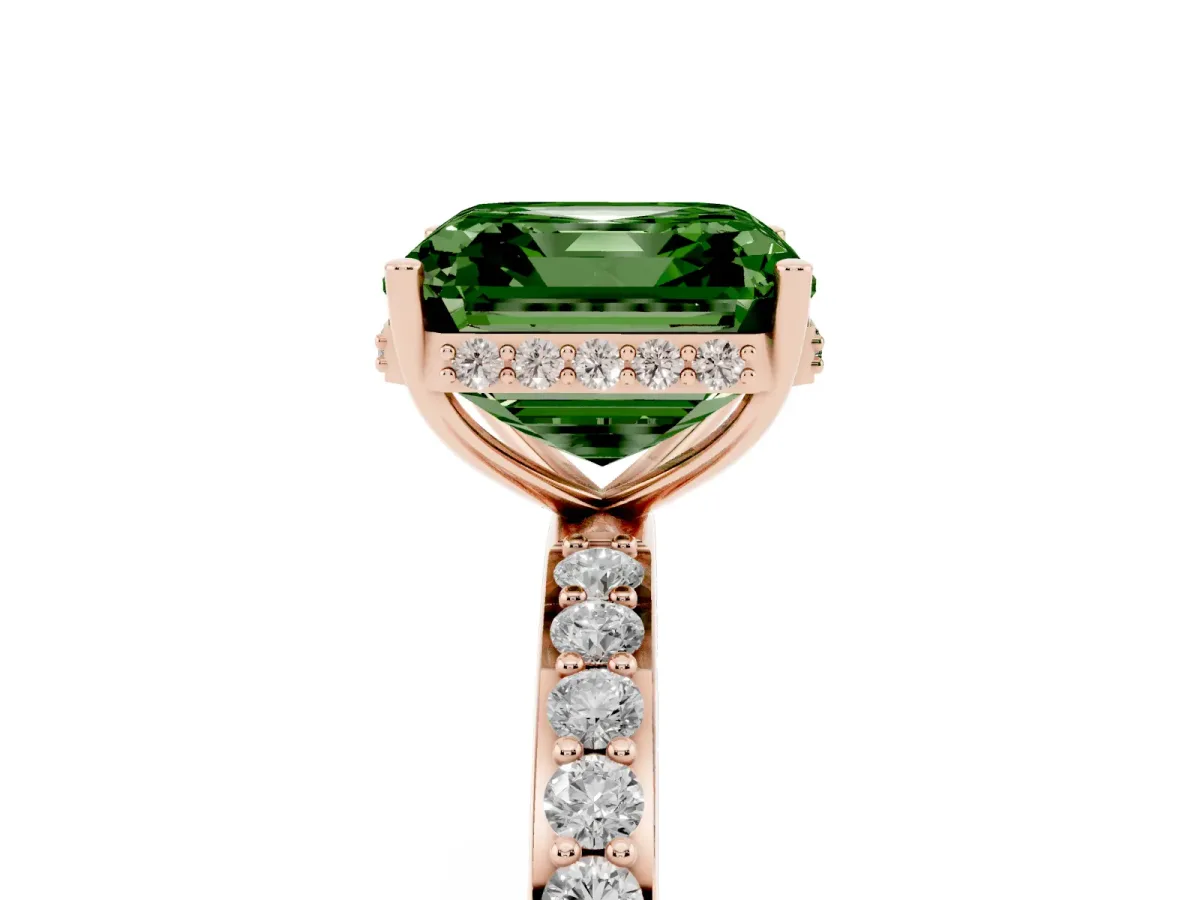 Fancy Green Asscher Cut Diamond Solitaire Ring with Pavé Band and Hidden Halo Rose gold
