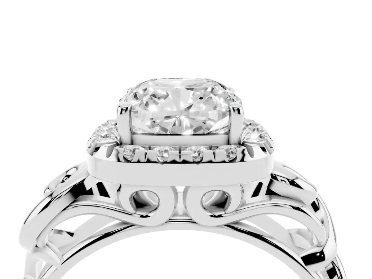 Cushion Cut Cut Halo Diamond Ring with Scrollwork Band and Four-Prong Setting Platinum