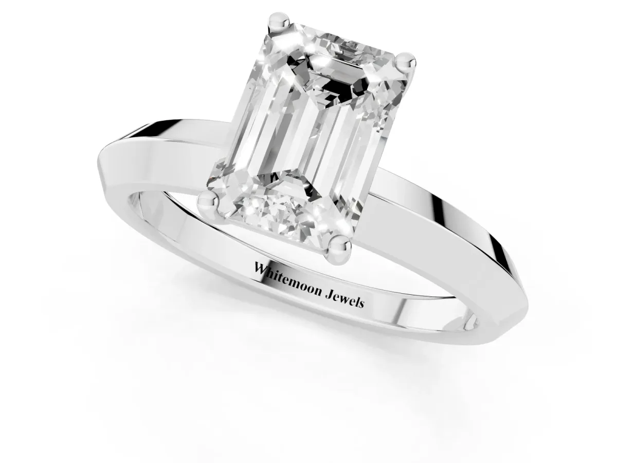 Emerald Cut Cut Solitaire Engagement Ring with Flat Band and Four-Prong Setting Platinum