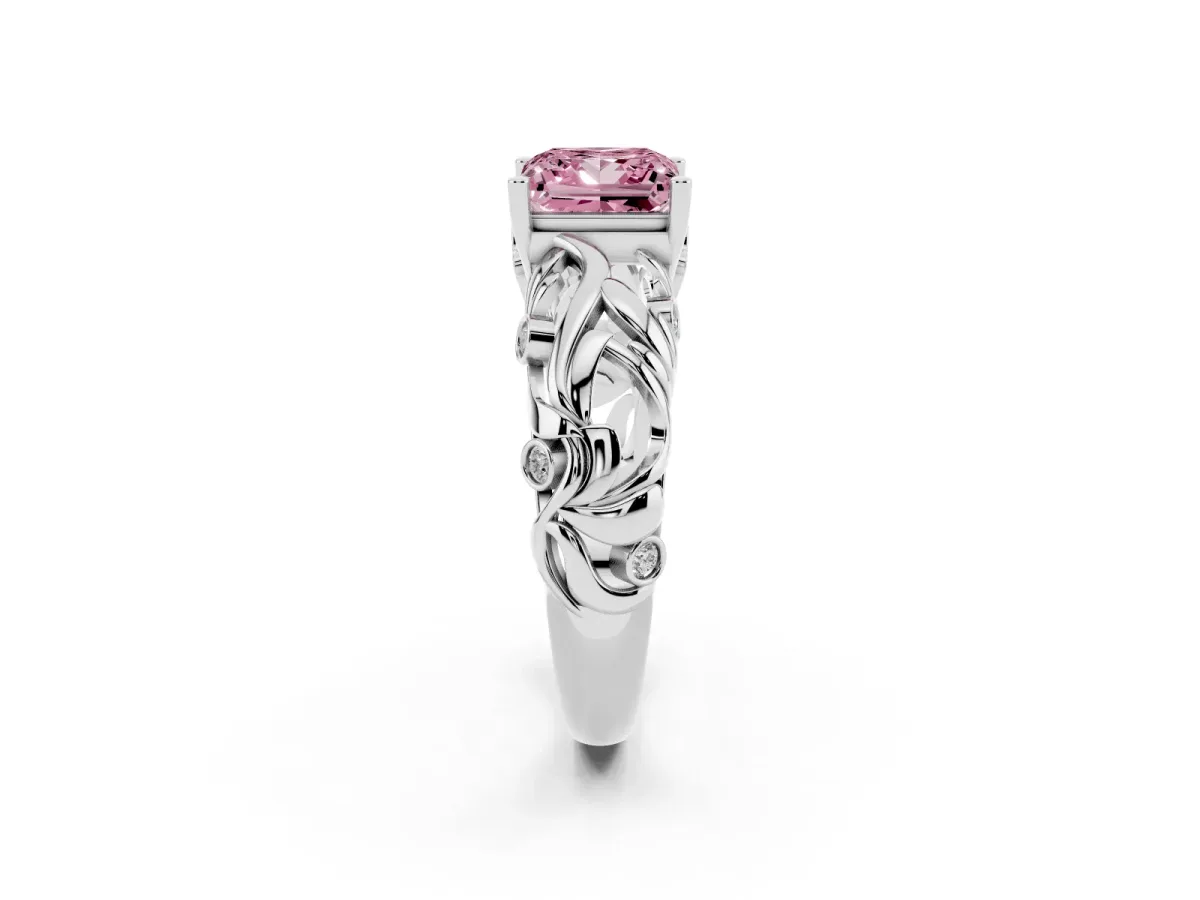 Fancy Pink Princess Cut Solitaire Diamond Leaf-Inspired Vine Band Ring with Prong Setting White gold