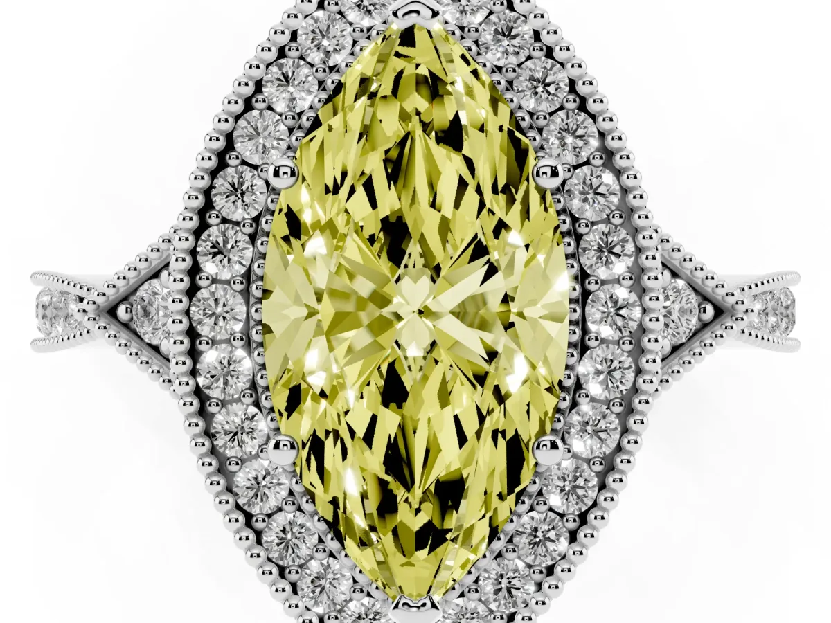 Fancy Yellow Marquise Cut Halo Round Diamond Milgrain Pave Engagement Ring Silver