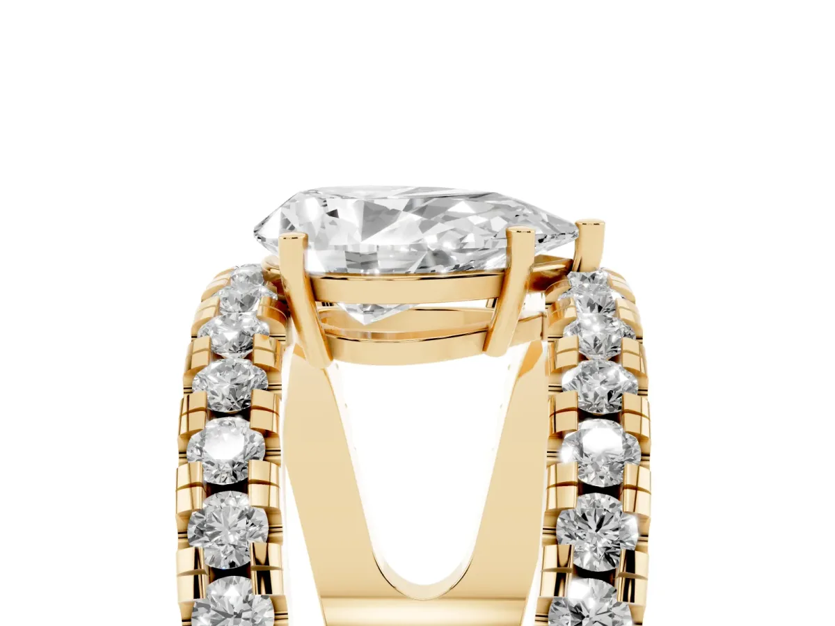 Pear Cut Solitaire Split Shank Pave Diamond Ring Yellow gold