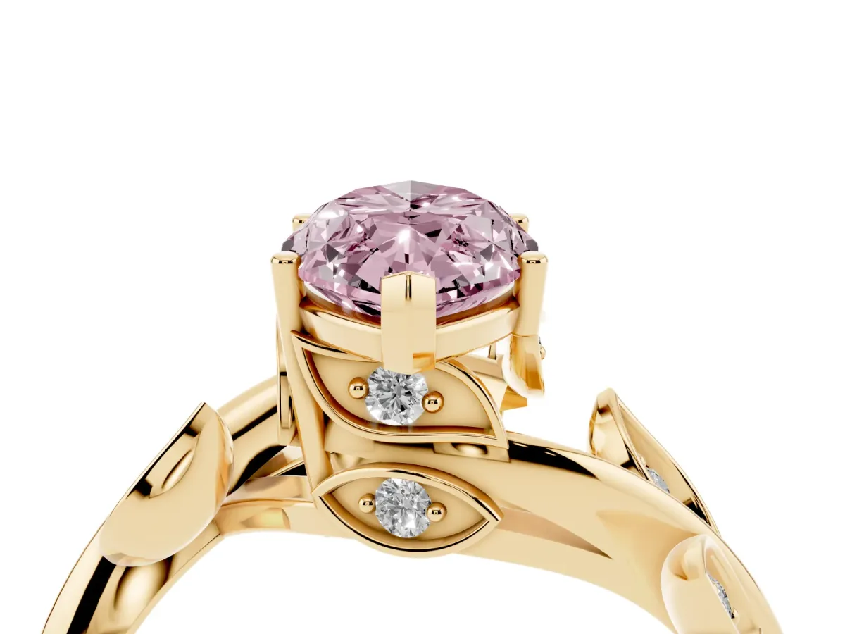 Fancy Pink Marquise Cut Solitaire Twist Engagement Ring with Leaf Accents and Prong Setting Yellow gold