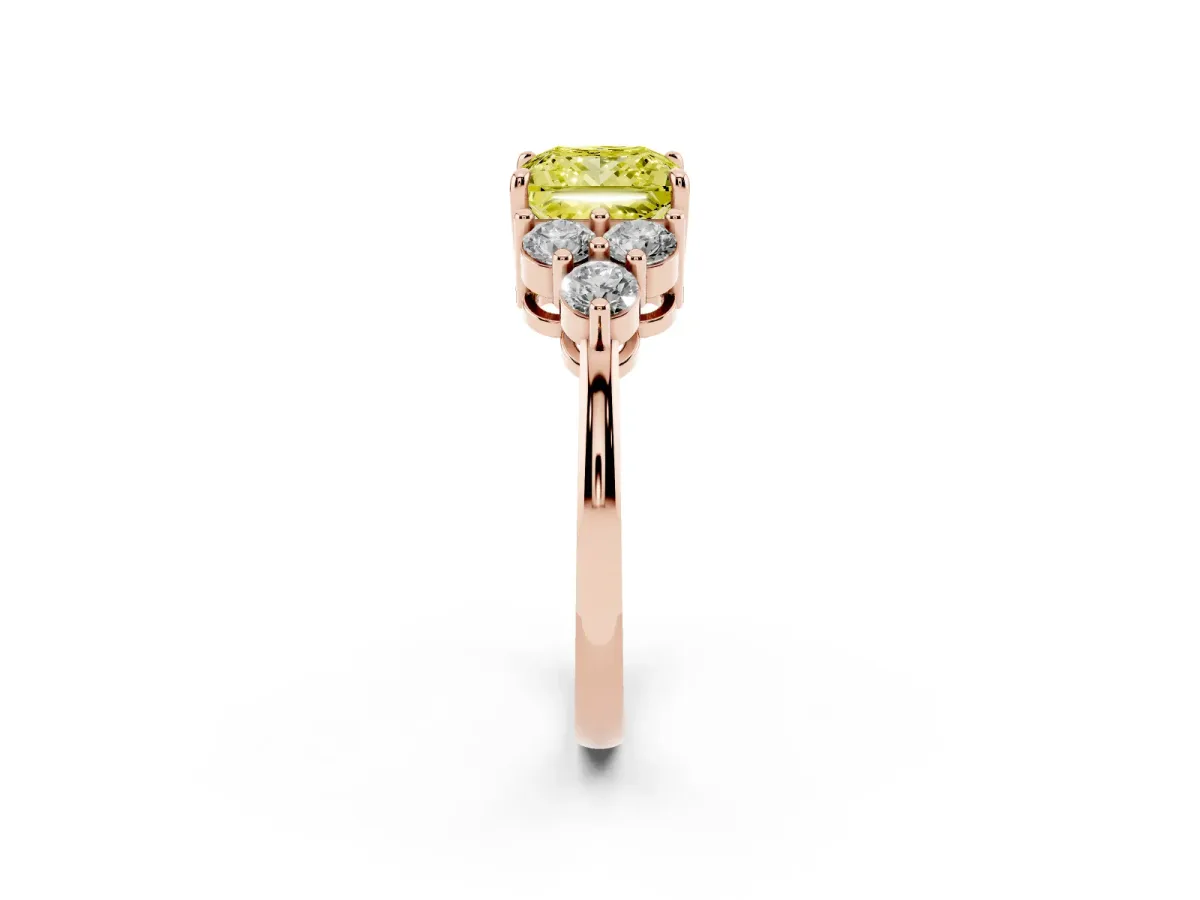 Fancy Yellow Princess Cut Brilliant Diamond Cluster Accent Solitaire Ring with Prong Setting Rose gold