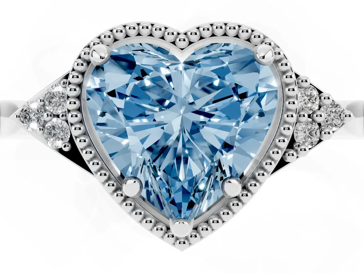 Fancy Blue Milgrain Heart Cut Cut Diamond Ring with Tapered Pave Band and Four Prong Setting Platinum