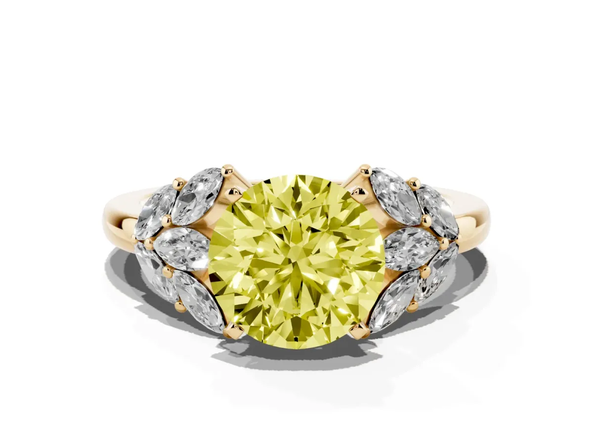 Fancy Yellow Round Cut Diamond Cluster Leaf Design Ring with Prong Setting Yellow gold
