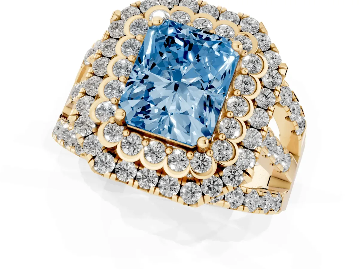 Fancy Blue Radiant Cut Diamond Double Halo Ring with Round Pavé Split Shank and Prong Setting Yellow gold