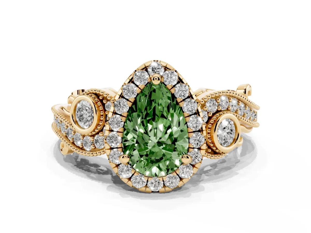 Fancy Green Pear Cut Diamond Halo Ring with Milgrain Pavé Band and Four-Prong Setting Yellow gold