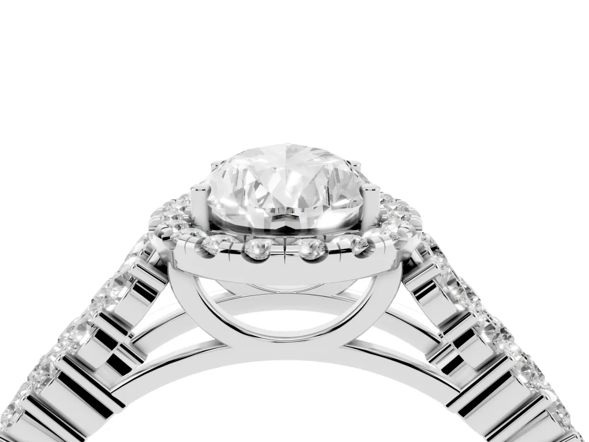 Pear Cut Diamond Halo Engagement Ring with Triple Row Round Pavé Band and Prong Setting Silver