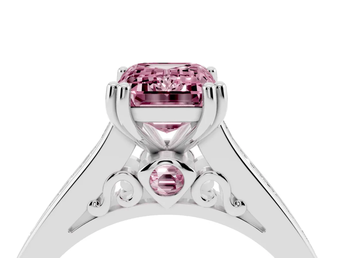 Fancy Pink Emerald Cut Cut Channel Set Solitaire Engagement Ring with Prong Setting Silver