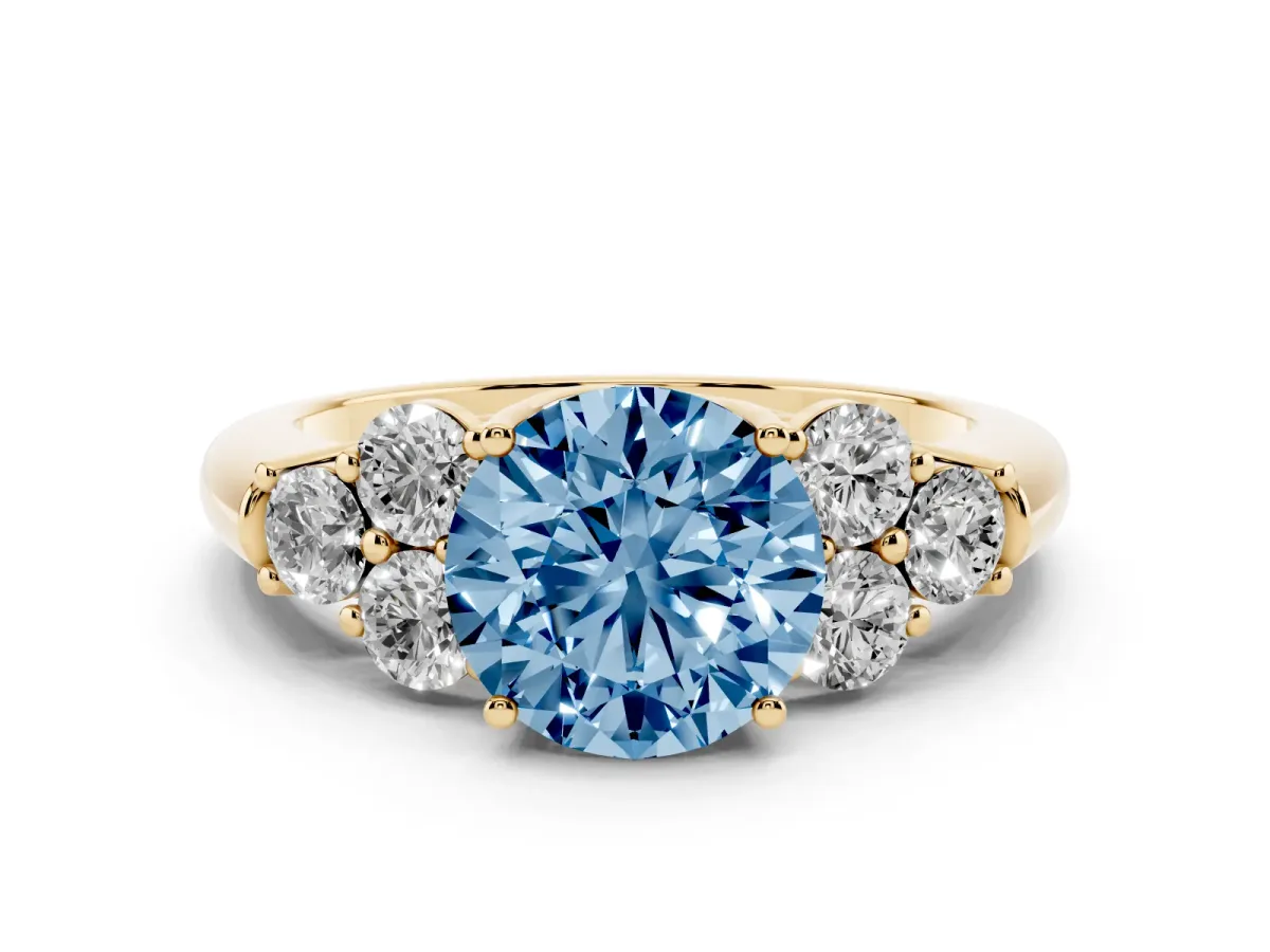 Fancy Blue Round Cut Cut Diamond Cluster Ring with Round Accent Stones and Prong Setting on a Classic Band Yellow gold
