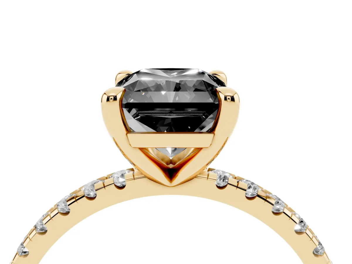 Fancy Black Radiant Cut Diamond Brilliant Solitaire Ring with Pavé Band and Four-Prong Setting Yellow gold