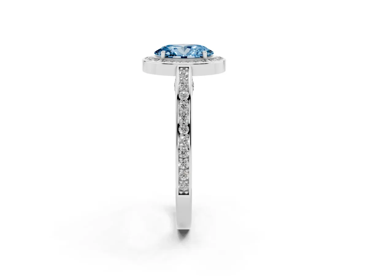 Fancy Blue Oval Cut Cut Halo Pave Split Shank Prong Setting Ring Silver
