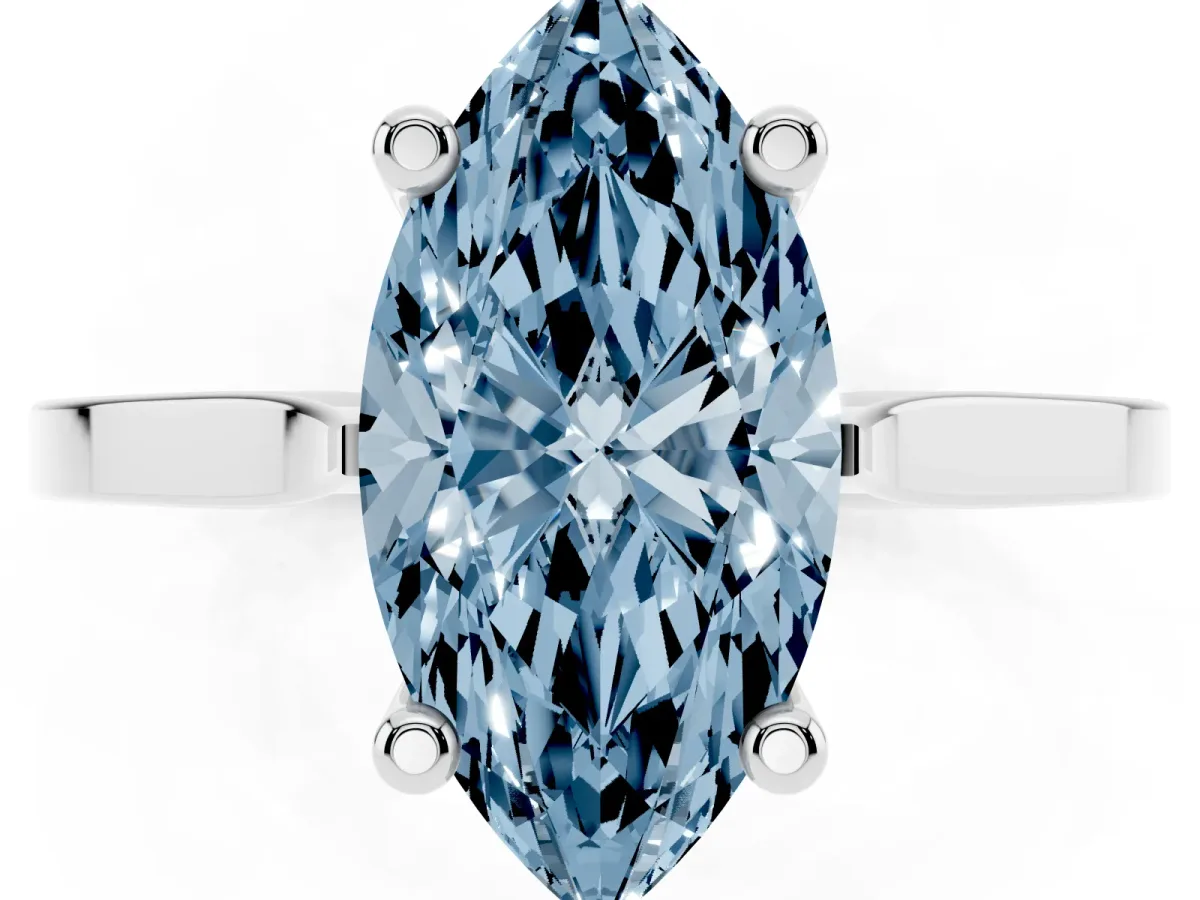 Fancy Blue Marquise Cut Solitaire Diamond Ring with Four-Prong Setting and Tapered Band Platinum