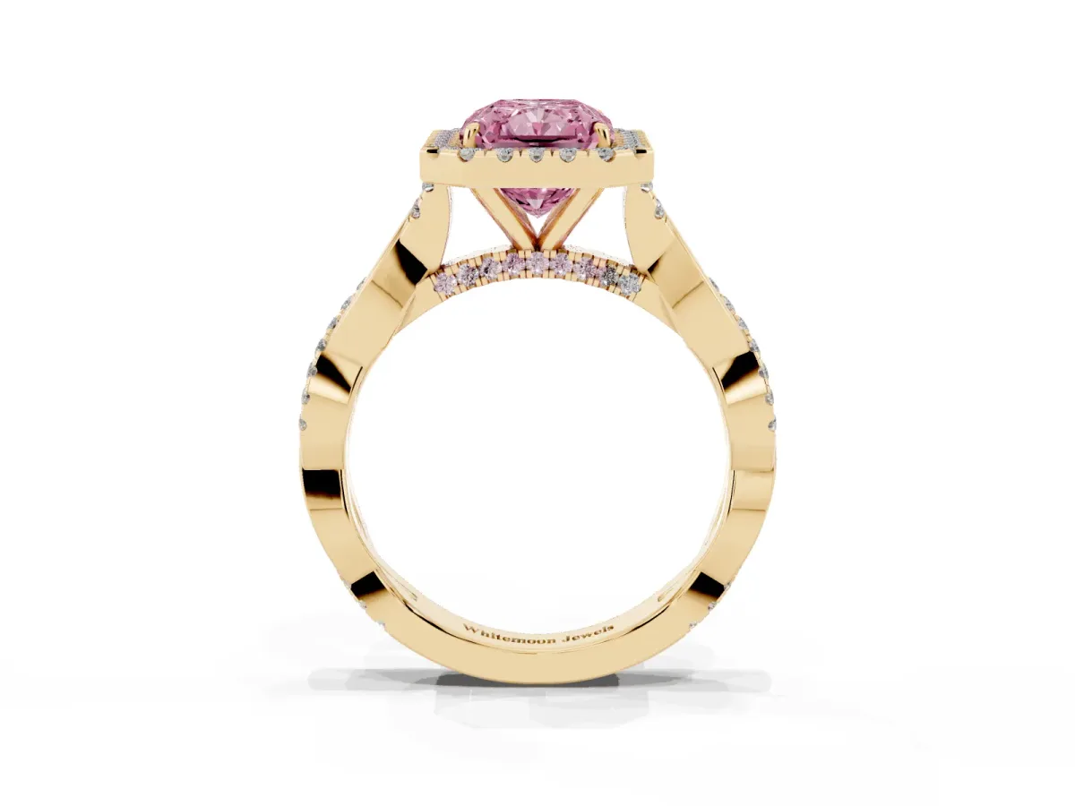 Fancy Pink Radiant Cut Halo Twist Band Solitaire Ring Yellow gold