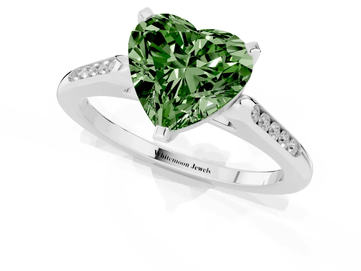 Fancy Green Heart Cut Diamond Solitaire Ring with Channel Set Round Band and Prong Setting Platinum