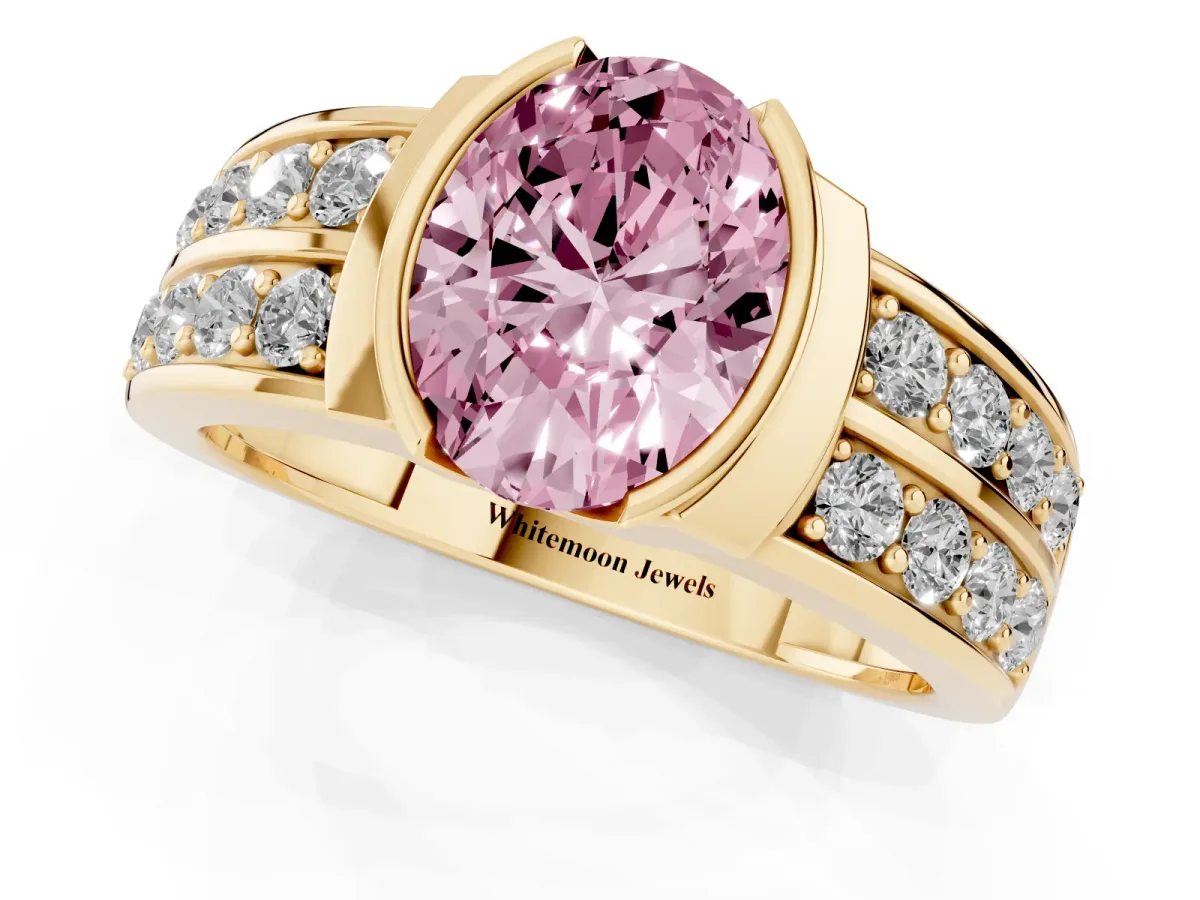 Fancy Pink Oval Cut Brilliant Diamond Channel Set Wide Band Ring with Bezel Setting Yellow gold