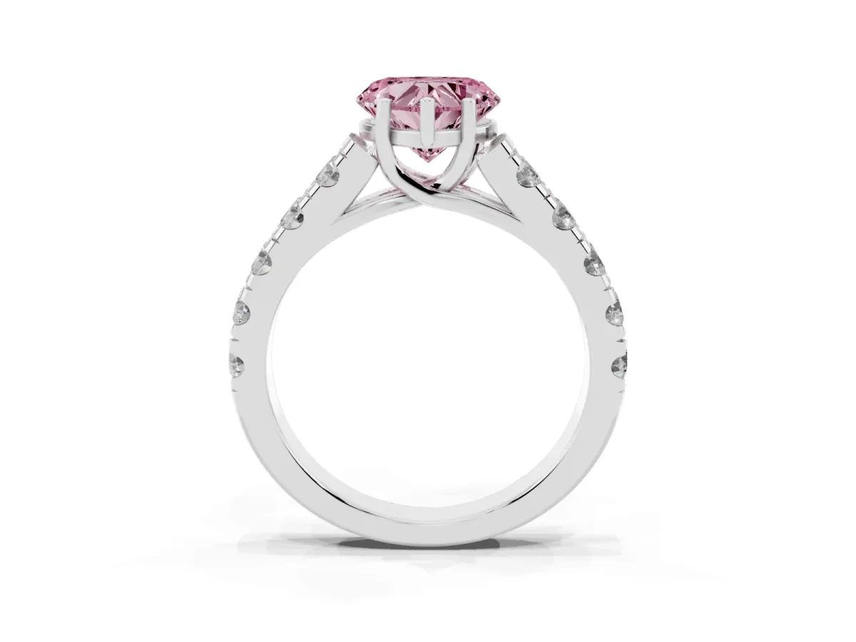 Fancy Pink Heart Cut Cut Diamond Solitaire Ring with Micro Pave Band and Prong Setting Silver