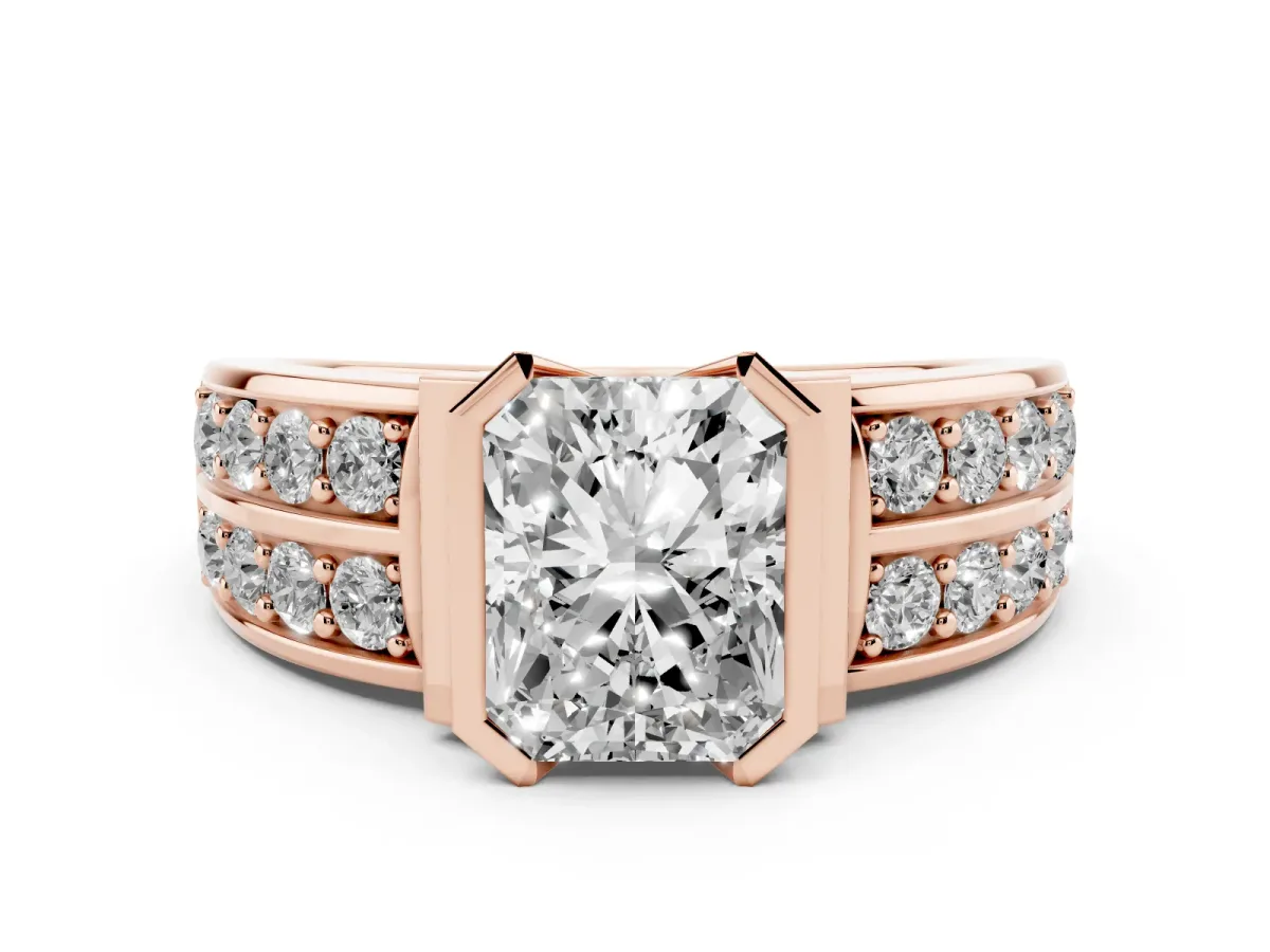 Radiant Cut Brilliant Diamond Channel Set Wide Band Ring with Bezel Setting Rose gold