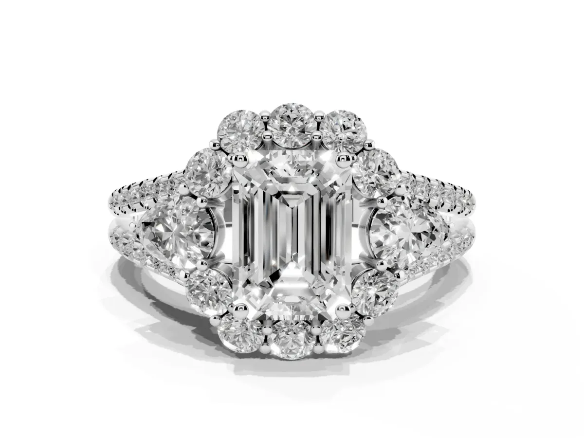 Emerald Cut Halo Split Shank Diamond Engagement Ring with Prong Setting Silver