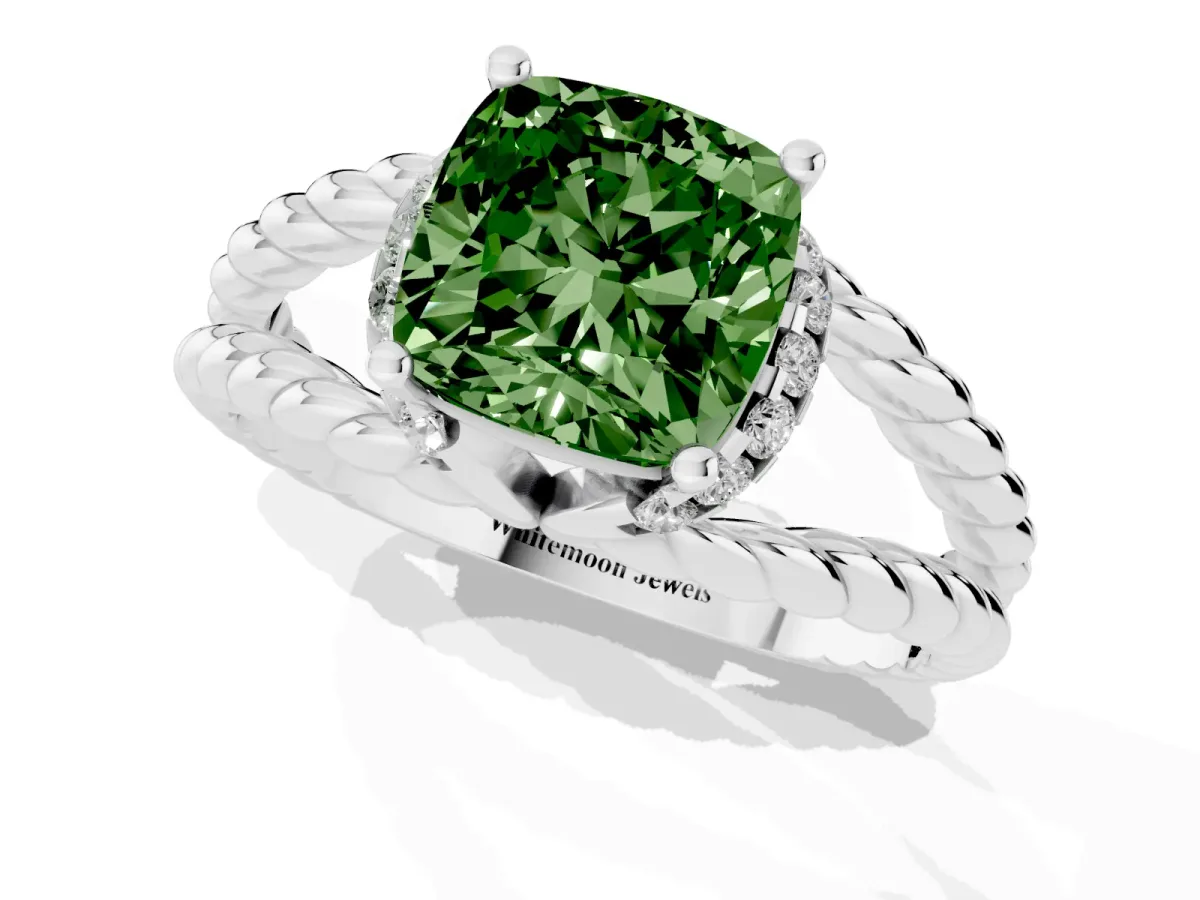 Fancy Green Cushion Cut Halo Twisted Band Four-Prong Ring Silver