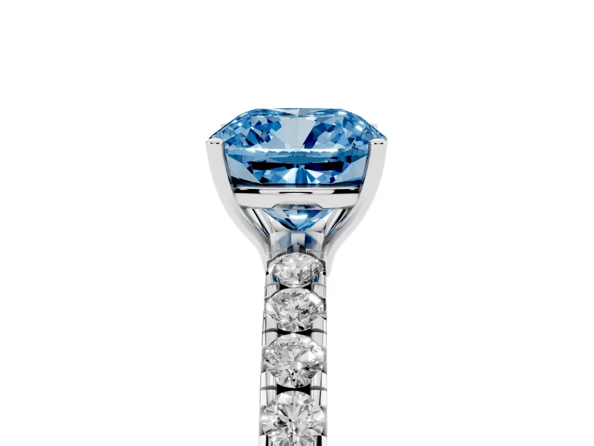 Fancy Blue Cushion Cut Diamond Pavé Solitaire Engagement Ring with Four-Prong Setting Silver